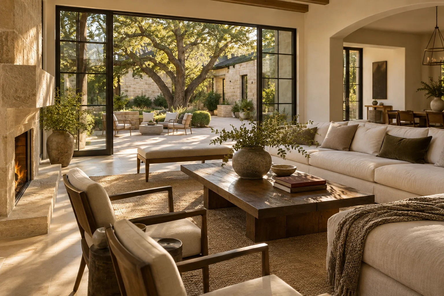 AI-created illustration of a contemporary Texas-inspired living room and shaded courtyard.