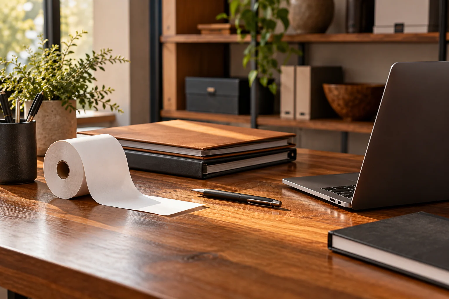 AI-created editorial illustration: An orderly independent retail back-office table with a blank receipt roll, closed invoice folders, a plain pen and a charcoal laptop, warm but restrained editorial lighting.